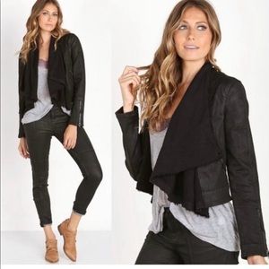 Free People Black Drape Front Coated Denim Moto Jacket Size 4